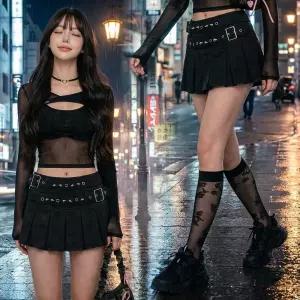 블레어징스커트 벨트 플리츠치마 미니 블랙 Y2K