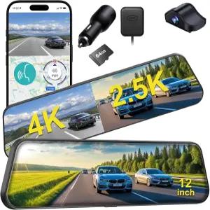 12인치 4K 후방 미러 카메라 4K+2.5K 전방 및 대시캠 자동차용 ADAS BSD LCA 스마트 앱 WiFi 야간 투시