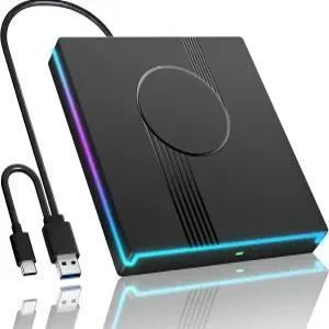 노트북용 Wbacon RGB 외장 CD/DVD 드라이브 USB 3.0 Type-C 휴대용 플레이어 버너 RW 광학 데스크탑 PC