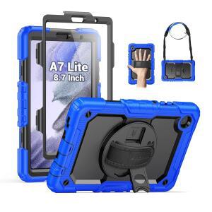 삼성 갤럭시 탭용 SEYMAC 케이스 A7 라이트 8.7인치(SM-T220 / T225 T227) 화면 보호대 회전 스탠드 손/어깨 스트랩 파란색이 있는 헤비 듀티 전신 충격 방지 보호