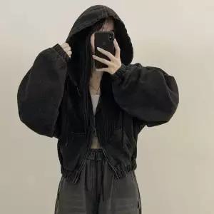블랙팬서 여친 데님 가을 빈티지 캐주얼 집업 긴팔 후드 숏 코트 OPH3
