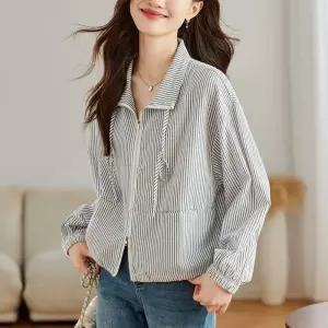 EAMT 여친 가을 코트 얇은 긴팔 상의 셔츠 스트라이프 집업 EUNG3