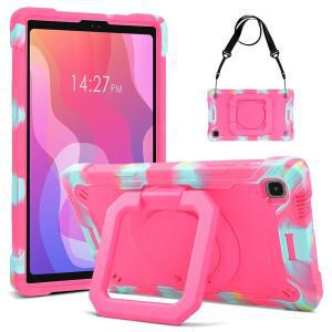 삼성 탭 A7 라이트용 DETUOSI 케이스 2021년 출시 SM-T220 / T225 / T227u 갤럭시 탭 A7 라이트용 충격 방지 보호 커버 8.7인치(360 회전식 스탠드 어깨 스트랩) 카무플라주 로즈 레드