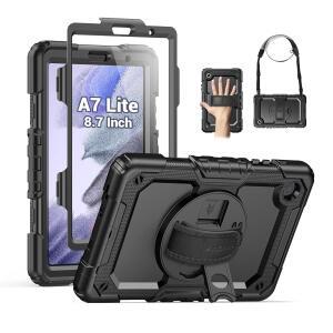 삼성 갤럭시 탭용 SEYMAC 케이스 A7 라이트 8.7인치(SM-T220 / T225 / T227) 화면 보호대 회전 스탠드 손/어깨 스트랩 블랙이 있는 헤비 듀티 전신 충격 방지 보호 케이스