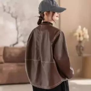 EAMT 여성 빈티지 캐주얼 봄 카디건 차이나 순정 가죽옷 나사 EUNG1