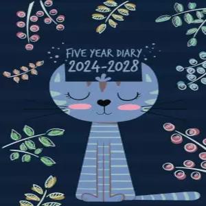 5년 일기 2024-2028 A4 귀여운 파란 고양이 선생님 영국 공휴일 달의 단계 생일 및 축하 행사 연락처
