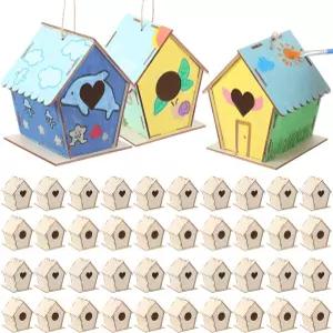 들을 위한 더블필 12팩 4.33인치 나무 새집 공예 키트 봄 DIY 만들고 칠할 수 있는 미완성 매달린 대량
