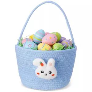 갠더 1개 부활절 바구니 직조 토끼 가방 손잡이 사냥 양동이 빈 달걀 액세서리 선물 파티 장식 파란색