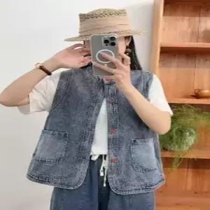 청 여사친 빈티지 나시 민소매 싱글 차이나 조끼 더블 포켓 순정 캐주얼조끼 admr1