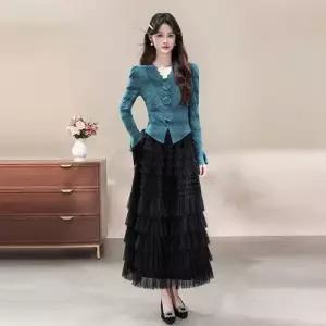 투피스 여사친 치마 원피스 망사 핏예쁜 긴팔 레이스 정장세트 톱 브이넥 인기1