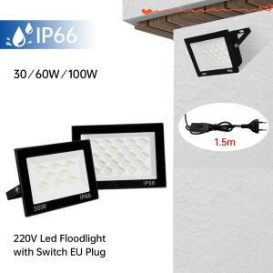 방수 LED 투광등 30W 220V IP66 옥외 스포트라이트(ON/OFF 스위치 포함) 현관 마당 경로 조명용 EU