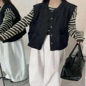 청 캐주얼 빈티지 여사친 조끼 라운드 보온 추천각 싱글 패딩 민소매 순정 OOTD1