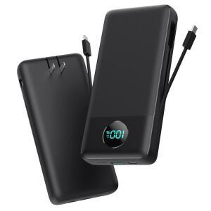케이블 및 AC 벽 플러그가 내장된 휴대용 충전기 33800mAh USB C 파워 뱅크, 25W 고속 충전 + QC 4.0 휴대폰 충전기, iPhone16/15/14/13, 삼성 Android용 출력 여행 필수 배터리 팩 4개