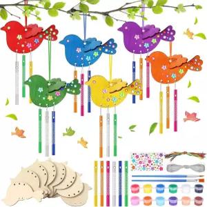 에팍 6세트 DIY 3D 버드 윈드 차임 공예 키트 나만의 케찰 나무 바람 장식 여름 예술 및 페인트 봄 Vbs