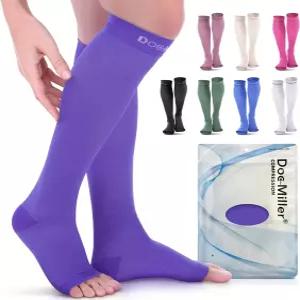 닥 밀러 오픈 발가락 압박 양말 20-30Hg 다리용 소매 정강이 무릎 하이 스타킹 정맥류 여행 종아리 지지 및