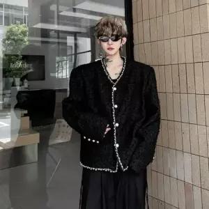 픽호샵 남성 가을 키작남 정장 자켓 트위드 브이넥 코트 싱글 테이프 양복 꾹3