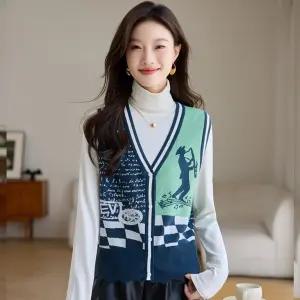 EAMT 여자 니트조끼 빈티지 체크 자카드 니트 조끼 봄가을 오버핏 레이어드 패션 민소매 YJ3