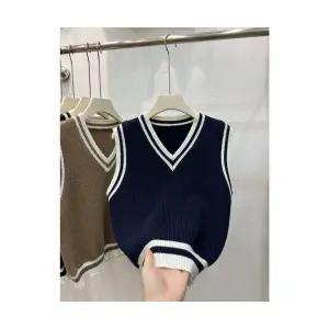 EAMT 여자 니트조끼 브이넥 풀오버 니트 봄가을 아카데미 배색 레이어드 톱 YJ1