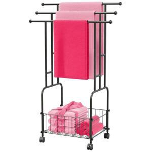 Apsvwys 높이 108cm(42인치) 프리 스탠딩 타월 랙, 바퀴 및 보관 바구니가 있는 욕실용 3단 합금 금속 타월 랙, 대형 수영장 타월 랙 실외, 다용도 담요 건조 스탠드