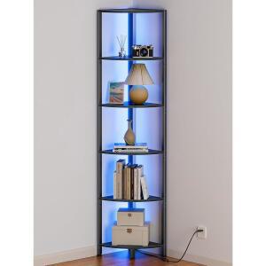 Furnulem LED 조명이 있는 6단 코너 선반, 171.4cm(68인치) 높이 스탠딩 선반 오거나이저, 벽 모서리, 거실, 침실, 금속 프레임, 목재 디스플레이 선반용 보관 랙이 있는 블랙 좁은 책장