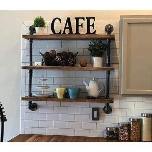 DR.IRON 산업용 파이프 선반 벽 선반 소박한 나무 선반 보관 선반 3단 벽 마운트 파이프 디자인 DIY 선반 레트로 벽 선반 (블랙, 61cm(24인치) L)