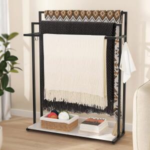 KES 흔들림 방지 베이스가 있는 욕실용 엑스트라 라지 프리 스탠딩 타월 랙, 111.9cm(44인치) 담요 랙, 무게감 있는 대리석 선반 및 4개가 있는 거실용 3단 담요 홀더, 매트 블랙, BTH504-BK