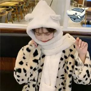 귀여운 곰돌이 귀모양 후드 모자워머 장갑겸용 후드머플러