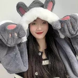일체형 후드 그레이 머플러 니트후드머플러 후드머플러