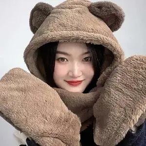 브라운 일체형 머플러 후드 큐티베어 후드숄머플러
