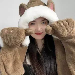 일체형 브라운 머플러 후드 니트후드머플러 후드머플러