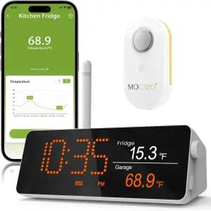 MCOREO WiFi 원격 냉장고 온도계 1/3마일 장거리 냉동고 경보 IP66 방수 앱 이메일 알림 디지털 모니터