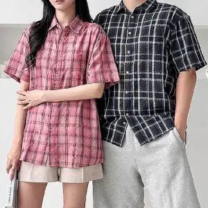 셔츠여성 셔츠 린넨 캐주얼 남방 여름 반팔 체크 여자 남자 여자여름셔츠
