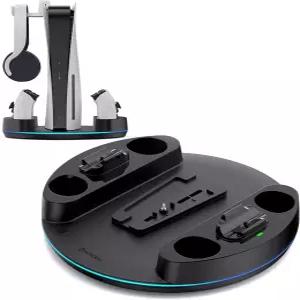 PS5/슬림/프로 콘솔 스탠드용 뉴데리 컨트롤러용 듀얼 충전 스테이션 조절 가능한 RGB 조명 - 블랙