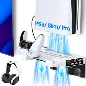 냉각 팬 및 컨트롤러 충전소가 있는 PS5 월 마운트 키트 PS5/슬림/프로 디스크 디지털 콘솔용 플로팅 선반