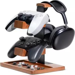 휴만코지 솔리드 우드 컨트롤러 홀더 및 헤드폰 스탠드 책상용 게이밍 듀얼 정리 랙 Xbox PS4 게임패드