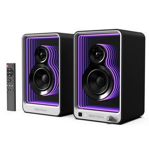 BESTISAN 50W*2 액티브 책장 스피커 다이내믹 라이트 이펙트 3인치 베이스 컴퓨터 ARC/광학/RCA/BT 5.2/USB/SUB 출력으로 턴테이블 PC TV 및 휴대폰 사용 가능.