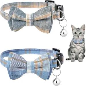 2 PCS 보 고양이 목걸이와 벨 분리 귀여운 격자무늬 버클이 있는 부드러운 조절 가능한 액세서리 실내