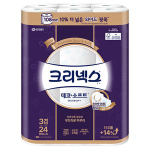 크리넥스 3겹 휴지 대용량 데코 앤 소프트 와이드 천연펄프 고급롤화장지 33m 24개입 1개