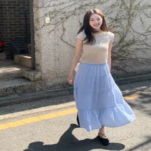 솔 스트라이프 롱 스커트 / 하객룩 여리 레이어드 롱스커트 스커트 미디스커트 새틴스커트 레이어드스커트