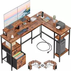 전원 콘센트가 있는 Furologee 66 u201D L자형 책상 파일 서랍이 리버서블 컴퓨터 게이밍 수납 선반이 홈