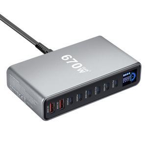 670W GaN 데스크탑 충전기(디스플레이 포함) USB-C 및 휴대폰/태블릿용 8포트