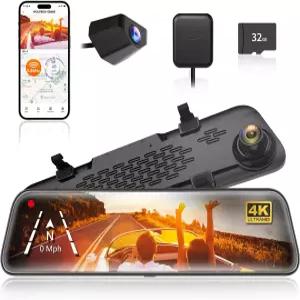 WOLFBOX G840S 2인치 4K 미러 대시캠 백업 카메라 58GHz WiFi 스마트 백미러 전면 및 후면 뷰 듀얼 주차