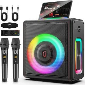 노래방 기계 무선 마이크 2개 휴대용 블루투스 53 스피커 피치 보정 기능이 있는 200W 레트로 가죽 PA