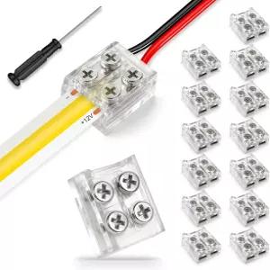 RESHAKE 15 팩 LED 스트립 커넥터 2 핀 8mm 솔더리스 투명 테이프 라이트 12V 24V 단색 COB/SMD 드라이버가