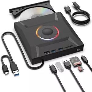 ASHDOL 외장 CD DVD 드라이브 7인치 USB 30 및 TypeC 디스크 리더기 버너 플레이어 슬림 휴대용 RW 광학 PC