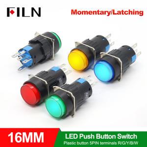 FILN 16mm LED 푸시 버튼 스위치 순간/래칭 플라스틱 5핀 빨간색 녹색 파란색 12V/24V/220V 산업 장비