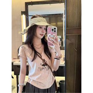 달콤한 매운 소녀 스타일 핑크 V넥 여성용 강아지 여름 에이징 프린트 얇은 티셔츠 만화 코튼 반팔 스노우