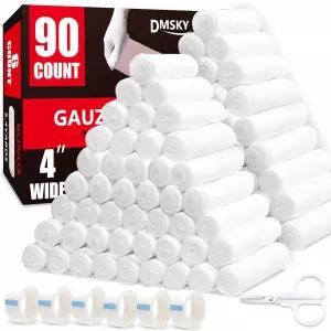 DMSKY 거즈 롤 90팩 4인치 x 4.1야드 용 개별 포장 랩 프리미엄 롤드 붕대 수의사 미라