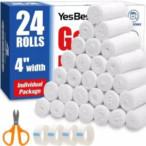 예스베 24팩 거즈 롤 4인치 x 4.1야드 부상용 프리미엄 랩 붕대 롤드 미라 개별 포장