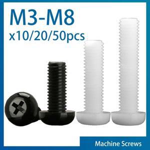 10 20 50pcs 검정 흰색 나일론 플라스틱 호환 팬 헤드 크로스 라운드 나사 볼트 M2 M2.5 M3 M4 M5 M6 M8 길